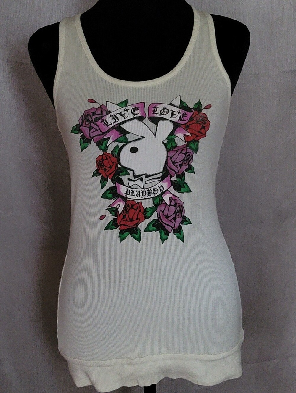 PLAYBOY White Ribbed Tank Top with Floral Bunny Print